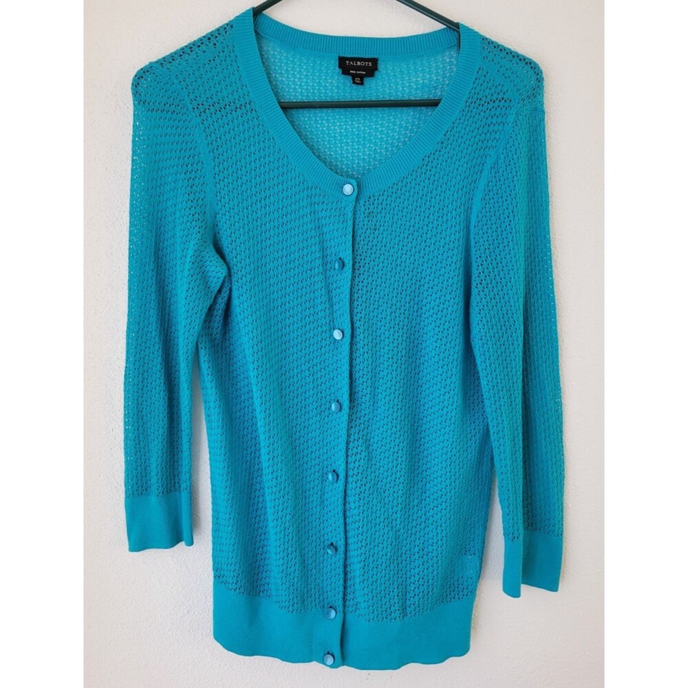Talbots Turquoise Blue Cardigan Sweater XS Pima Cotton Open Knit Button Front